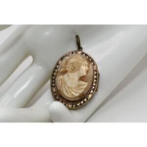 Vintage Carved Shell Cameo Photo Locket Pendant Victorian Style